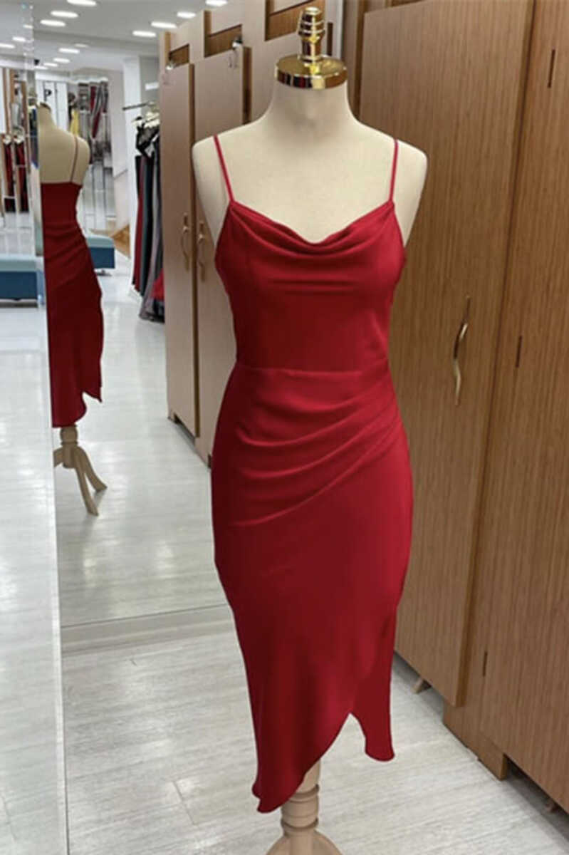 Homecoming Dresses Under 65, Red Cowl Neck Spaghetti Straps Bodycon Formal Dress