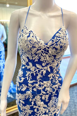 Evening Dress Simple, Royal Blue Mermaid V Neck Lace-Up Back Appliques Long Prom Dress