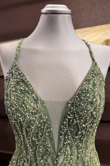 Evening Dress Shops, Dusty Sage Beaded Cross Back V Neck Seqins-Embroidery Long Prom Dress