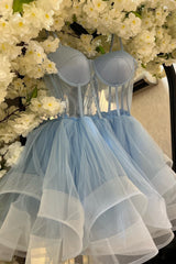 Party Dresses Online, Light Blue A-line Illusion Tulle Homecoming Dress