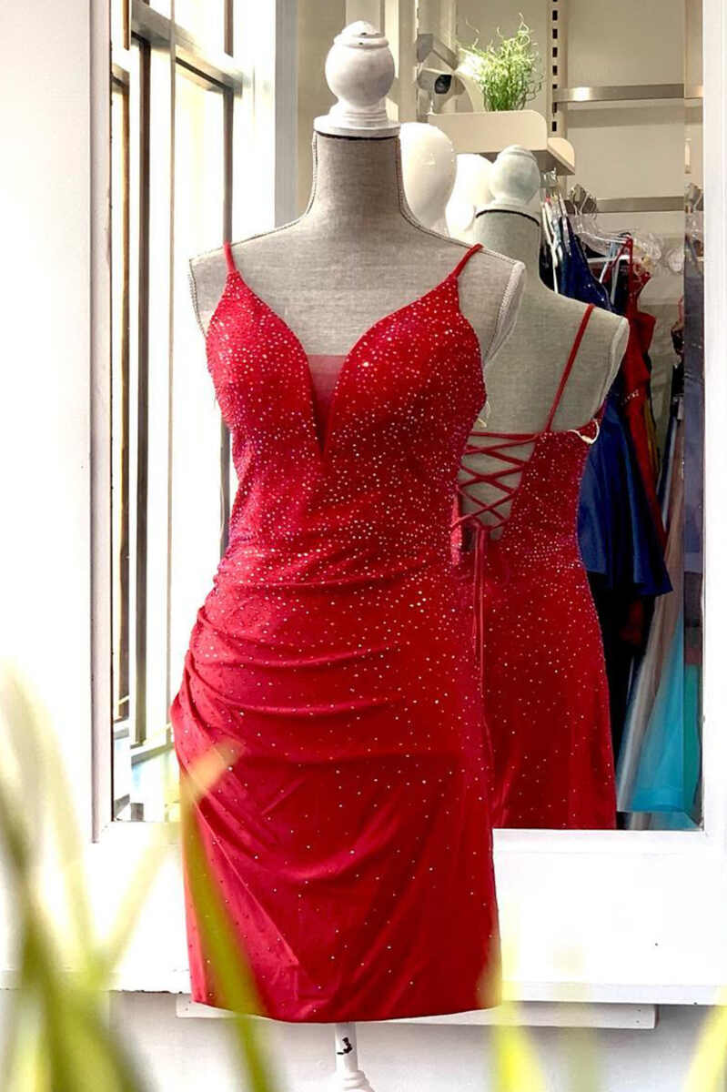 Homecoming Dress Boutiques, Red Beaded Lace-Up Bodycon Mini Homecoming Dress