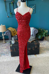 Ballgown, Red Sequin Cowl Neck Lace-Up Back High-Low Prom Dress