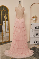 Prom Dresses Prom Dress, Pink Lace-Up Mermaid Layers Long Prom Dress
