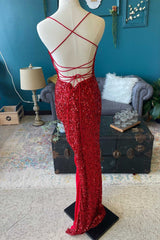 Long Dress Design, Red Sequin Cowl Neck Lace-Up Back High-Low Prom Dress