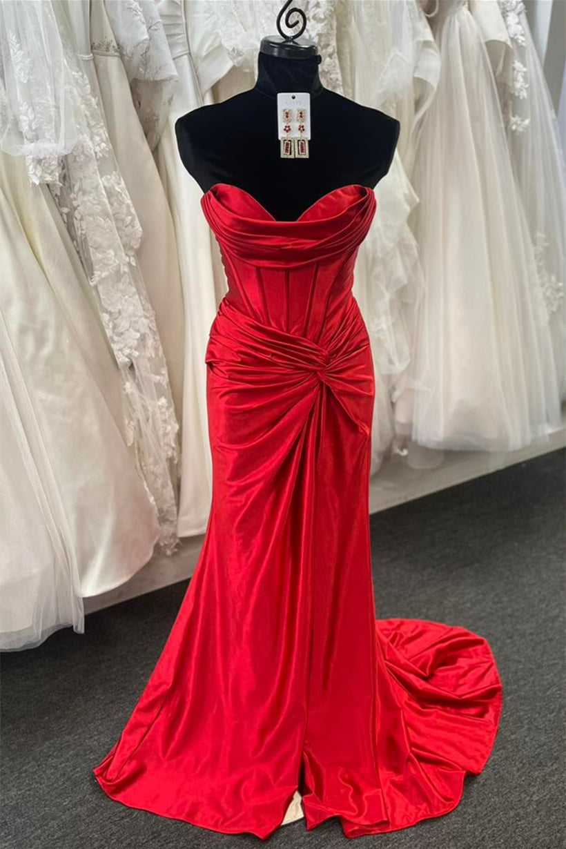 Evening Dresses Gold, Red Strapless Pleated Mermaid Twist Knot Long Prom Dress with Slit