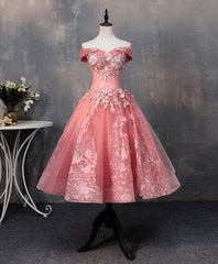 Party Dress Inspiration, Pink Tulle Lace Off Shoulder Short Prom Dress, Pink Homecoming Dress