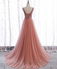 Elegant Wedding, Pink V Neck Tulle Sequin Long Prom Dress, Pink Formal Dress