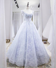 Party Dresses Idea, Light Blue Tulle Lace Long Prom Dress, Blue Evening Dress