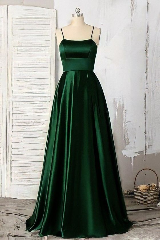 Emerald Green Prom Dresses, Strappy Back Slit Simple Satin Prom Dress