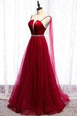 Burgundy Prom Dresses, Spagetti-Strap Sleeveless Prom Dress Tulle Ruffles with Beadings