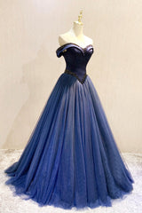 Prom Dress Ballgown, A-Line Tulle Beading Long Prom Dresses, Off the Shoulder Evening Dresses