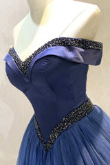 Prom Dresses Ballgown, A-Line Tulle Beading Long Prom Dresses, Off the Shoulder Evening Dresses