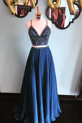 Go Out Outfit, Sparkly Two Piece Sequins Navy Blue Long Prom Dress