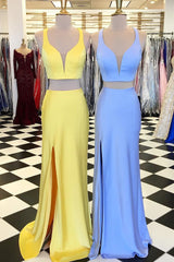 Party Dress Teens, Two Piece Yellow-Blue Mermaid Long Prom Dress with Side Slit