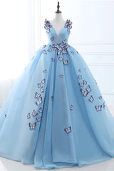 Spring Dress, Sleeveless V Neck Long Blue Ball Gown with Butterfly
