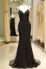 Bridesmaid Dress Blush, Mermaid Spaghetti Strap Black Beading Long Prom Dress