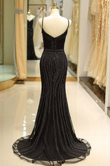 Bridesmaid Dress Neutral, Mermaid Spaghetti Strap Black Beaded Formal Evening Dress