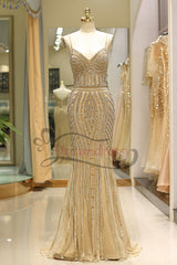 Bridesmaid Dress Champagne, Mermaid Spaghetti Strap Black Beading Long Prom Dress