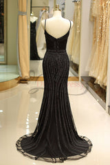 Bridesmaids Dress Champagne, Mermaid Spaghetti Strap Black Beading Long Prom Dress