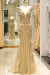 Summer Wedding Guest Dress, Elegant Mermaid Deep V Neck Gold Beaded Formal Evening Dress
