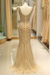Prom Dress Black, Elegant Mermaid Deep V Neck Gold Beaded Formal Evening Dress