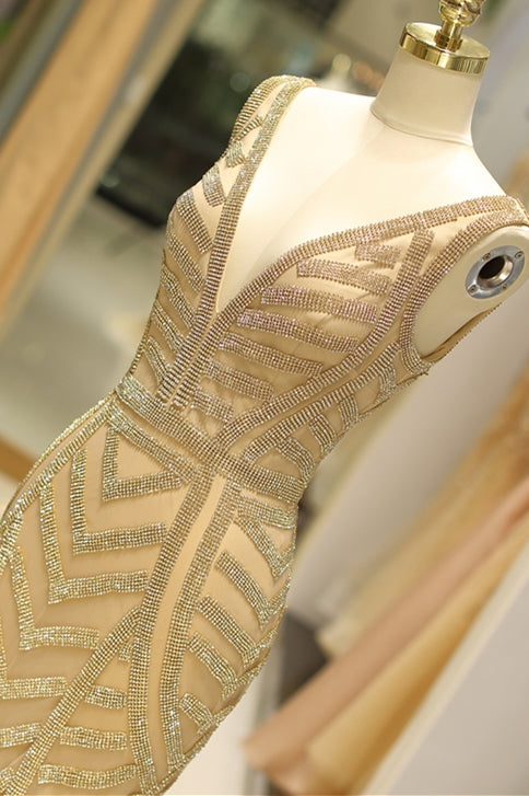 Open Back Prom Dress, Elegant Mermaid Deep V Neck Gold Beaded Formal Evening Dress