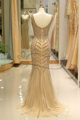 Wedding Guest Dress Summer, Elegant Mermaid Deep V Neck Gold Beaded Long Prom Dress
