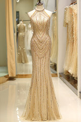 Bridesmaids Dress Chiffon, Mermaid High Neck Gold Beaded Long Formal Evening Dress