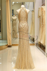 Bridesmaid Dress For Girls, Mermaid High Neck Gold Beaded Long Formal Evening Dress