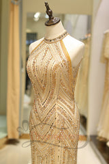 Bridesmaid Dress Chiffon, Mermaid High Neck Gold Beaded Long Formal Evening Dress