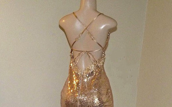 Formal Dresses Fashion, Sexy Backless Gold Sequins Split Train Prom Dress