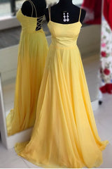 Formal Wedding Guest Dress, Simple Spaghetti Straps Yellow Long Party Dress