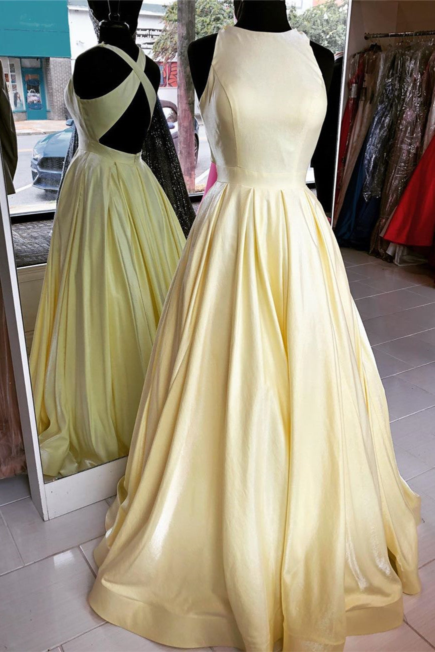 Bridesmaid Dresses Yellow, Yellow Cross Back Long Formal Dress with Pockets