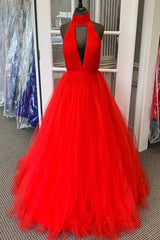 Night Club Outfit, Halter Ruched Long Red Prom Dress with Open Back