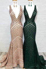 Prom Dress Inspiration, Sparkle Sequins V-Neck Mermaid Long Prom Dress