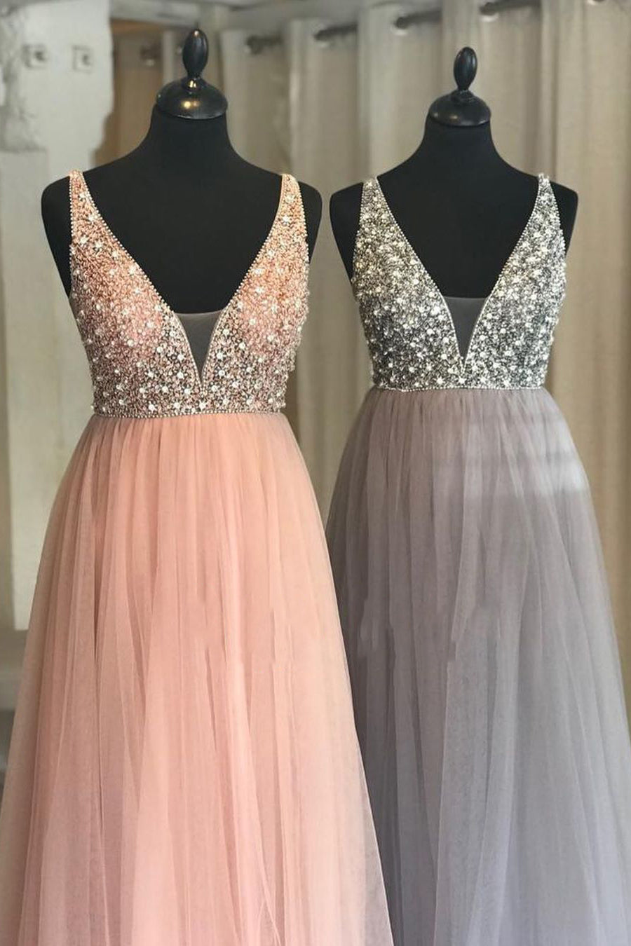 Prom Dress Beautiful, Princess Illusion V Blush Pink Prom Dress with Beading