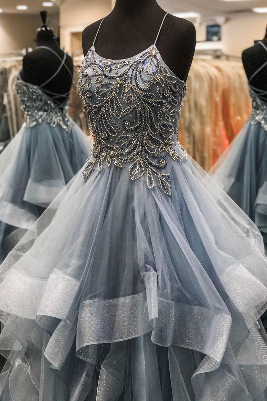 Dress To Impression, Elegant Lace-Up Cascading Ruffles Blue Tulle Prom Dress