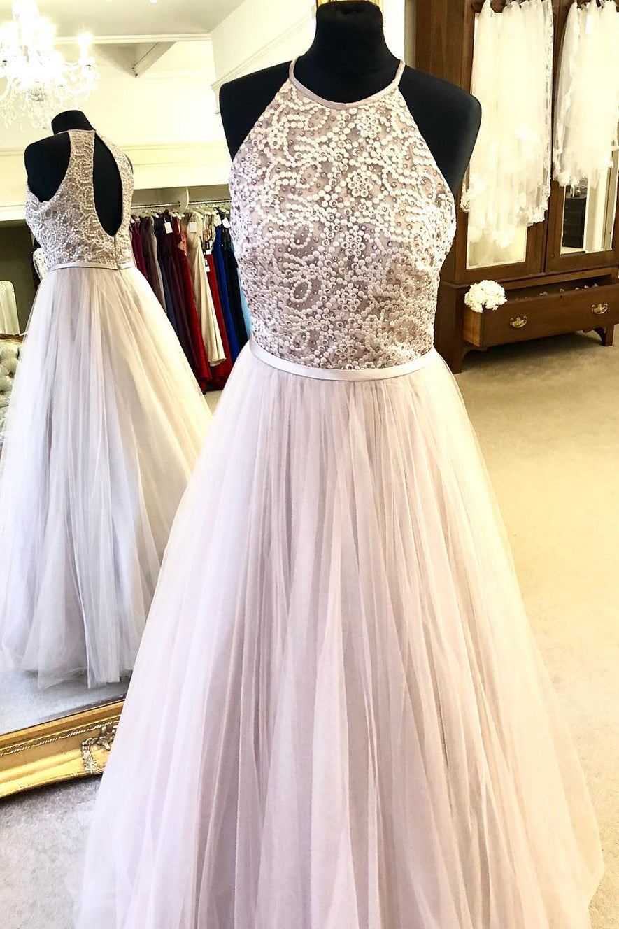 Aesthetic Dress, Halter Embroidery Long Prom Dress with Keyhole Back
