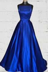 Prom Dress Inspo, Hollow Out Royal Blue Satin Long Prom Dress
