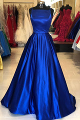 Party Dress For Couple, Hollow Out Royal Blue Satin Long Prom Dress
