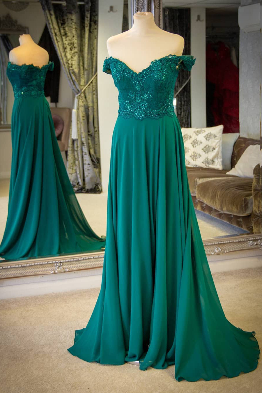 Bridesmaids Dresses Under 116, Off the Shoulder A-Line Chiffon Emerald Green Prom Dress