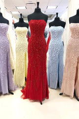 Party Dresses Short Clubwear, Strapless Light Blue Lace Long Prom Dress with Slit