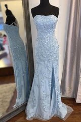 Party Dress Pink, Strapless Light Blue Lace Long Prom Dress with Slit