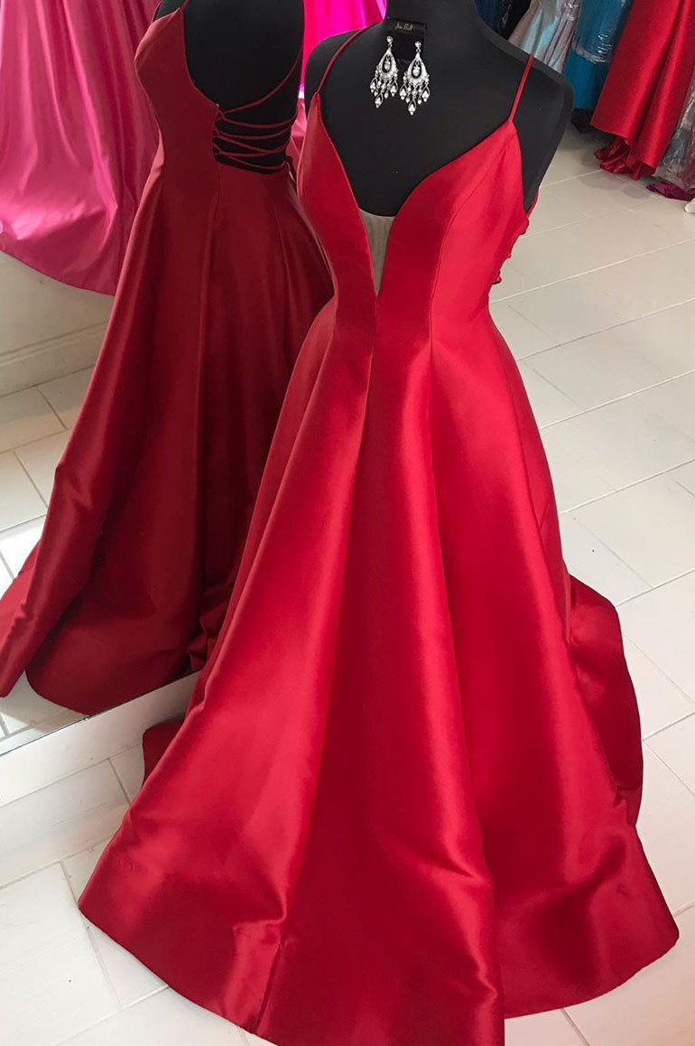 Homecomming Dresses Long, Red Satin Long Prom Dress with Cross Back