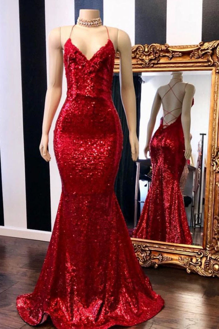 Bridesmaids Dresses Red, Mermaid Criss Back Red Sequins Long Prom Dress