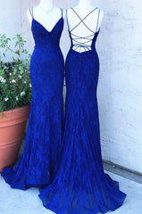 Formal Dresses Homecoming, Elegant Straps Royal Blue Lace Long Prom Dress