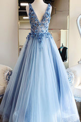 Prom Dresses 2036, Princess Light Blue Beaded Long Prom Dress with Appliques