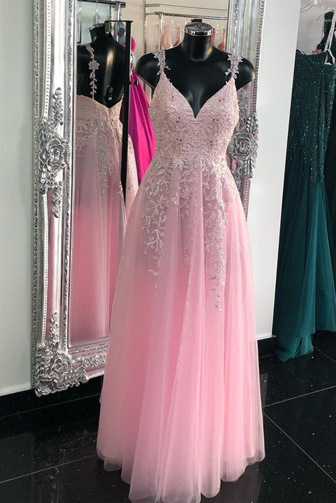 Prom Dresses Under 216, Princess Pink Tulle Long Prom Dress with Appliques
