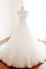 Prom Dresses Styles, Princess Off the Shoulder White Long Prom Dress with Lace-up Back