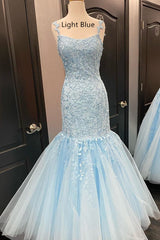 Party Dress For Teenage Girl, Straps Mermaid Light Blue Lace Appliqued Long Prom Dress